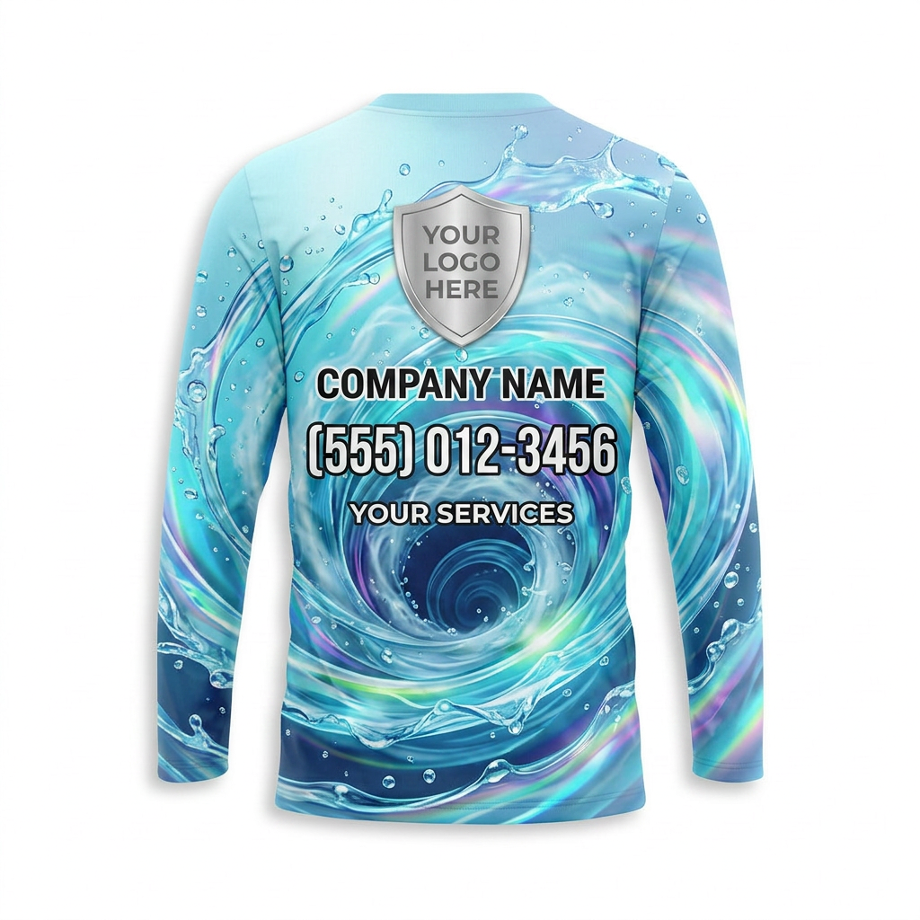 Custom Aqua Ocean Whirlpool Uniform Pressure Washing Shirt - Back View