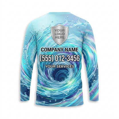 Custom Aqua Ocean Whirlpool Uniform Pressure Washing Shirt - Back View