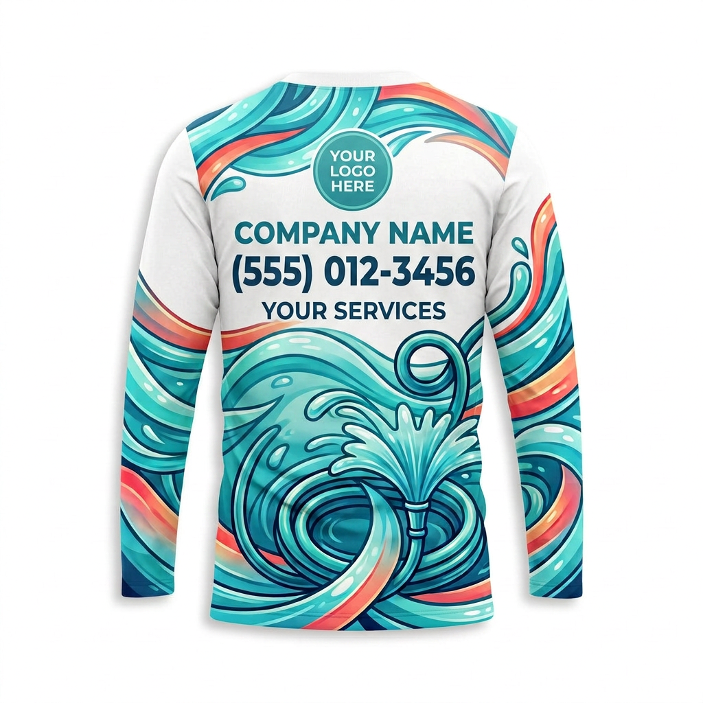 Custom Coral Aqua Floral Wave Uniform Pressure Washing Shirt - Back View