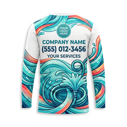 Custom Coral Aqua Floral Wave Uniform Pressure Washing Shirt - Back View