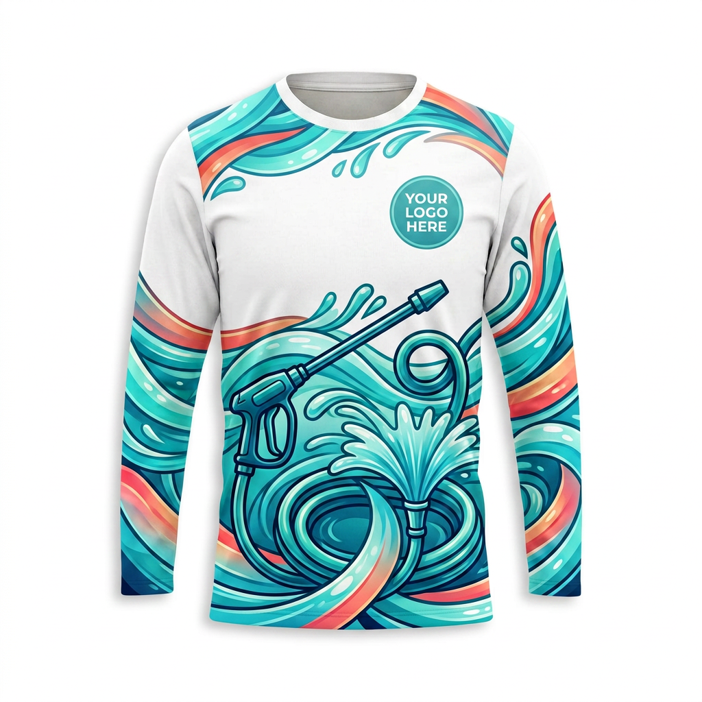 Custom Coral Aqua Floral Wave Uniform Pressure Washing Shirt - Front View