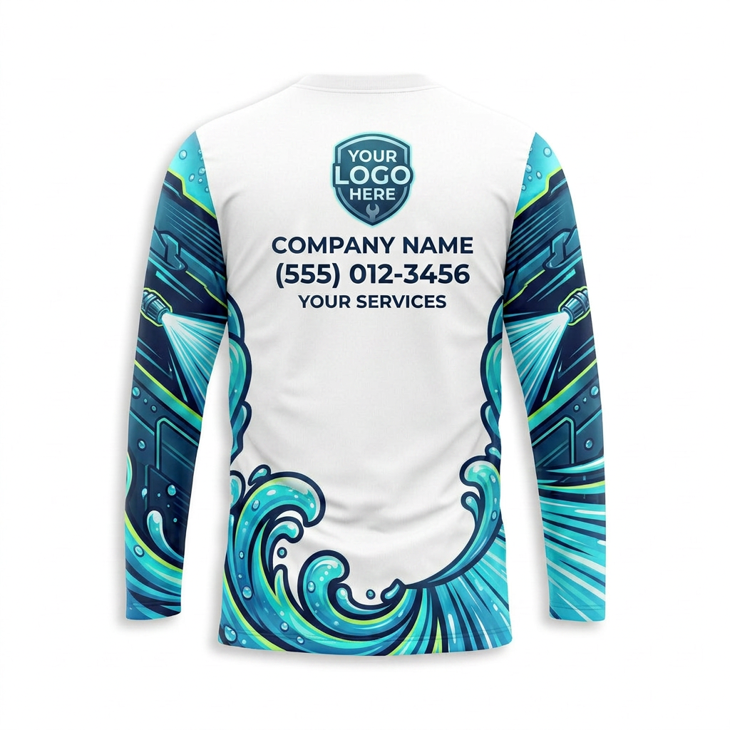 Custom Aqua Crest Wave Uniform Pressure Washing Shirt - Back View