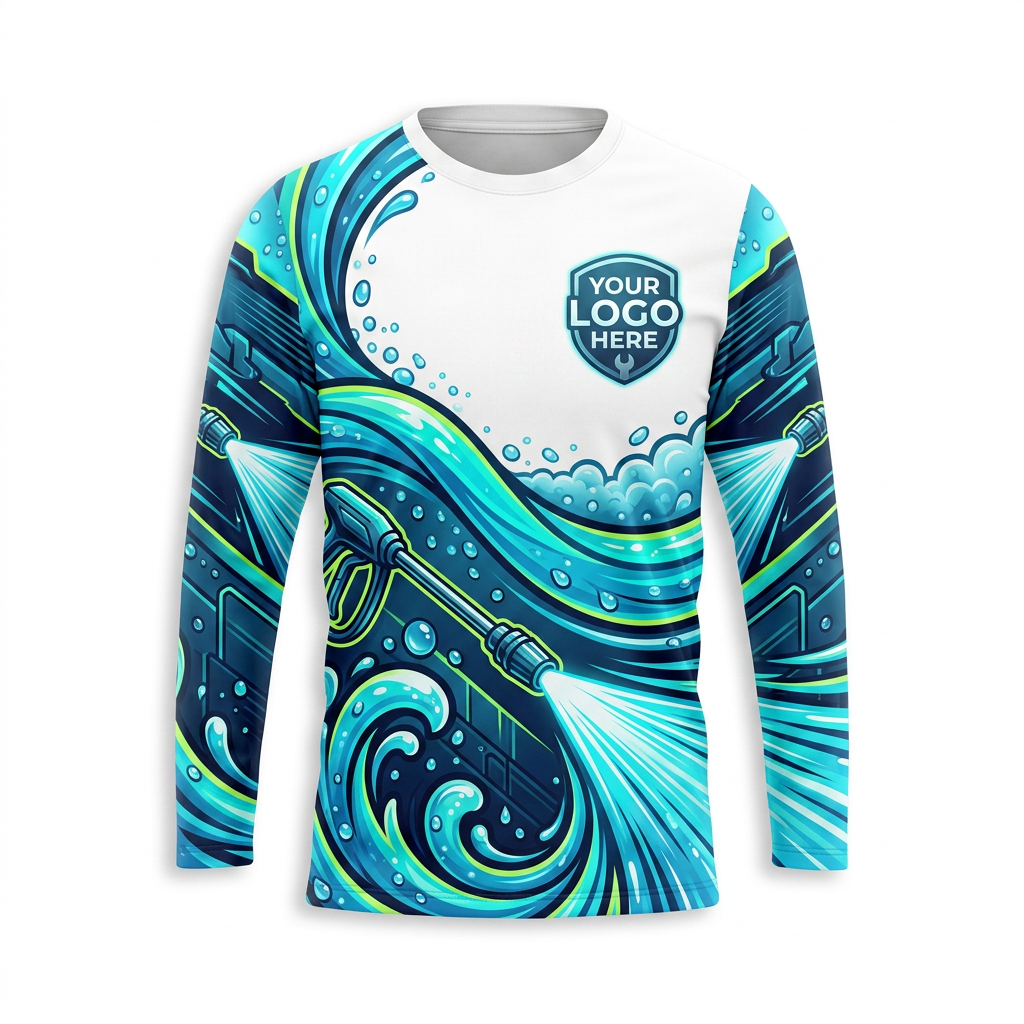 Custom Aqua Crest Wave Uniform Pressure Washing Shirt - Front View