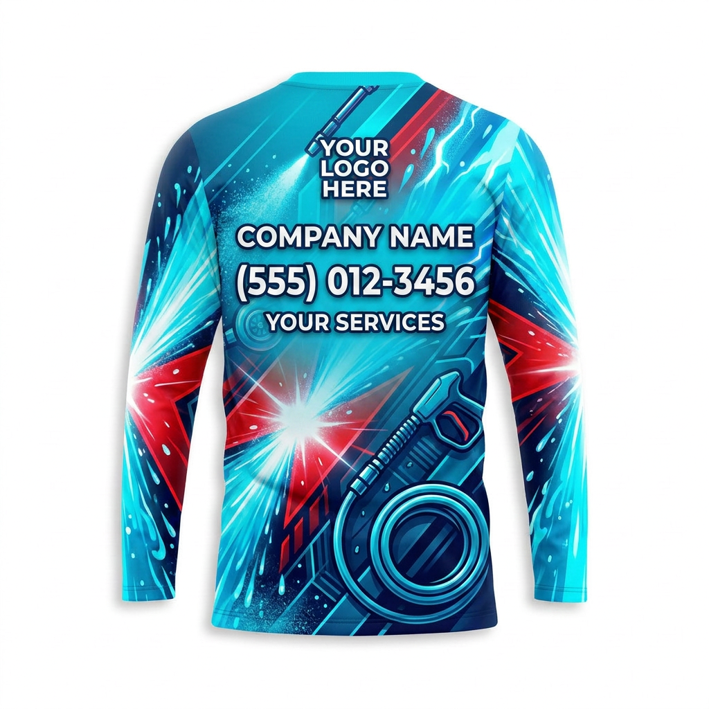 Custom Red Aqua Velocity Uniform Pressure Washing Shirt - Back View