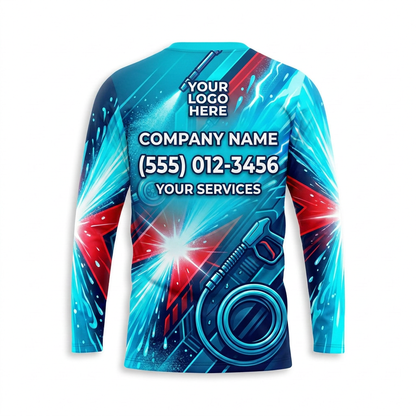 Custom Red Aqua Velocity Uniform Pressure Washing Shirt - Back View