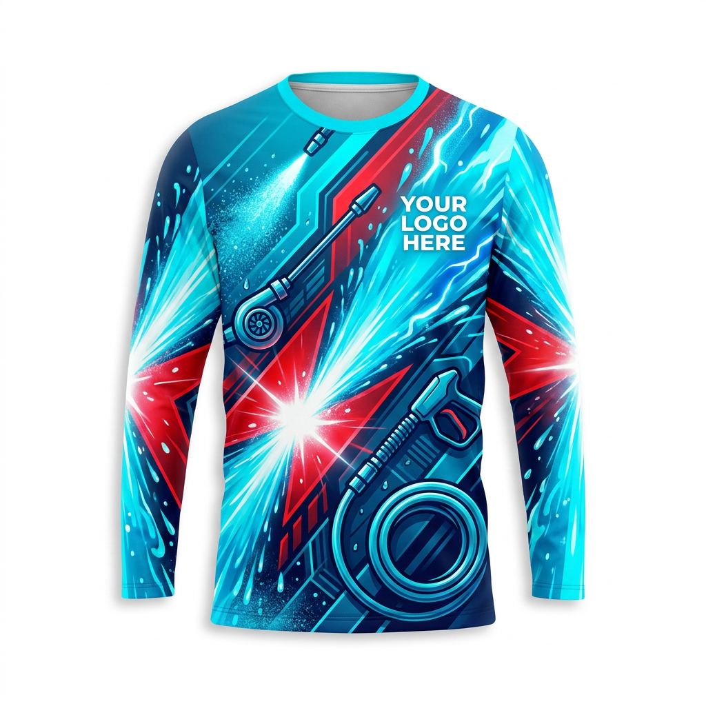Custom Red Aqua Velocity Uniform Pressure Washing Shirt - Front View