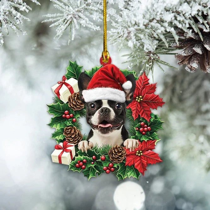 MollyTee Personalized Boston Terrier Dog Christmas Wreath Ornament, Dog Hanging Ornament 2D Flat - image 2