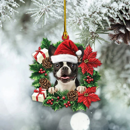 MollyTee Personalized Boston Terrier Dog Christmas Wreath Ornament, Dog Hanging Ornament 2D Flat - image 2