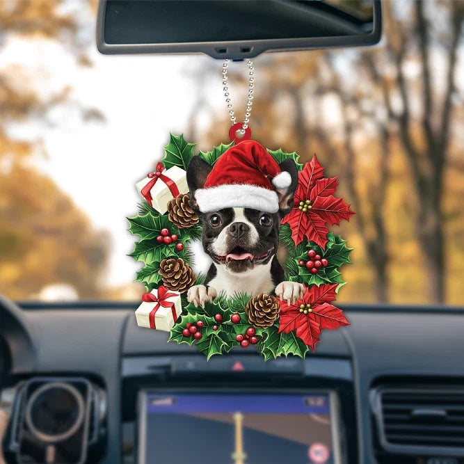 MollyTee Personalized Boston Terrier Dog Christmas Wreath Ornament, Dog Hanging Ornament 2D Flat - image 1