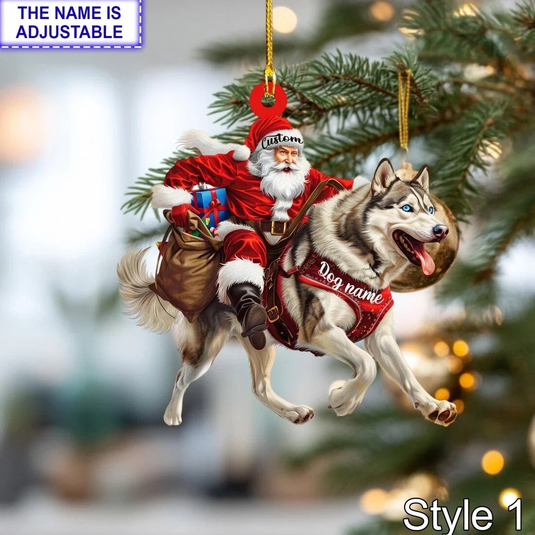 MollyTee Santa Riding Siberian Husky Christmas Ornament Ã¢â‚¬â€œ Funny Dog Lover Tree 2D Flat - image 1