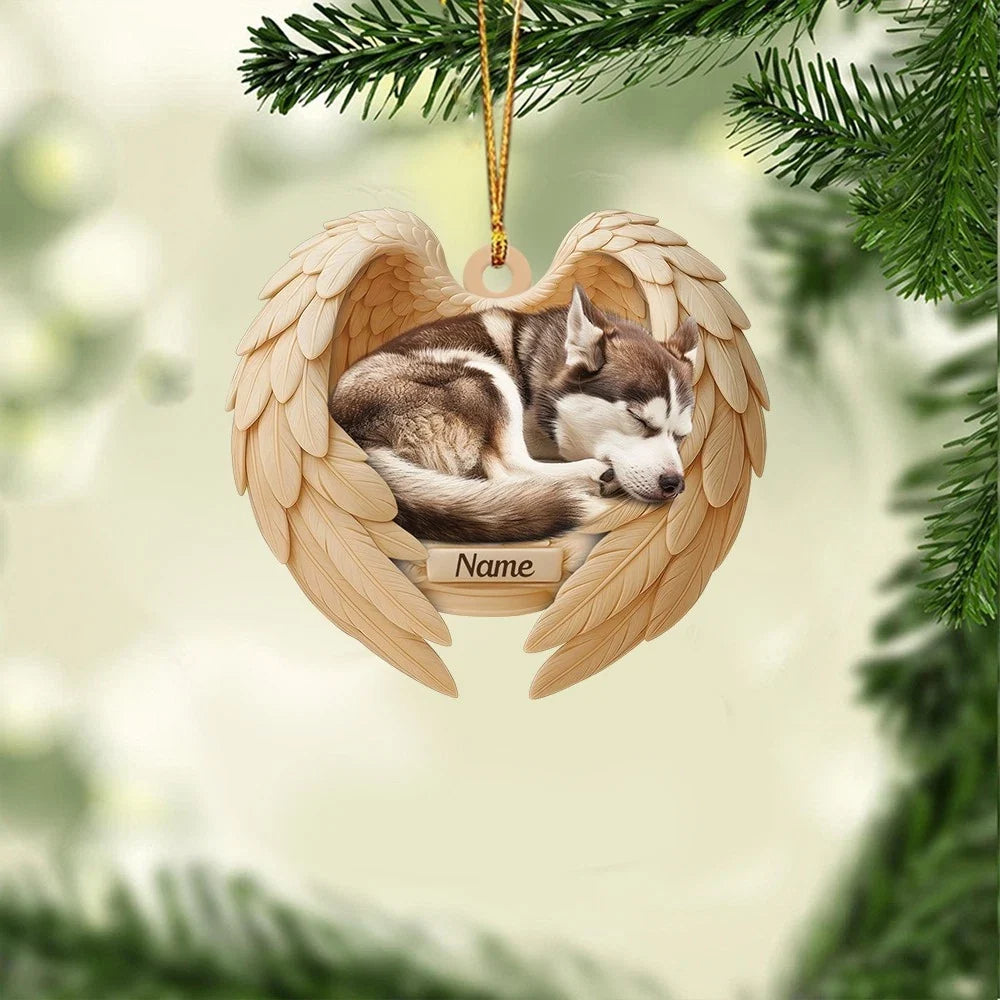 MollyTee Personalized Sleeping Siberian Husky Dog Christmas Ornament, Dog Angel Wings6 2D Flat - image 1
